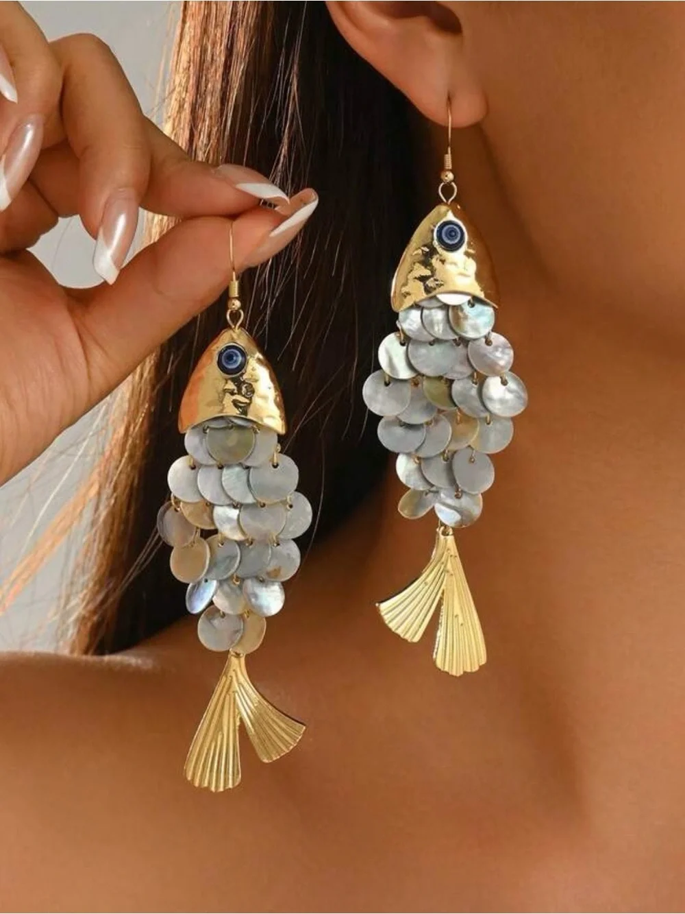Gold and White Fish Scale Dangle Earrings
